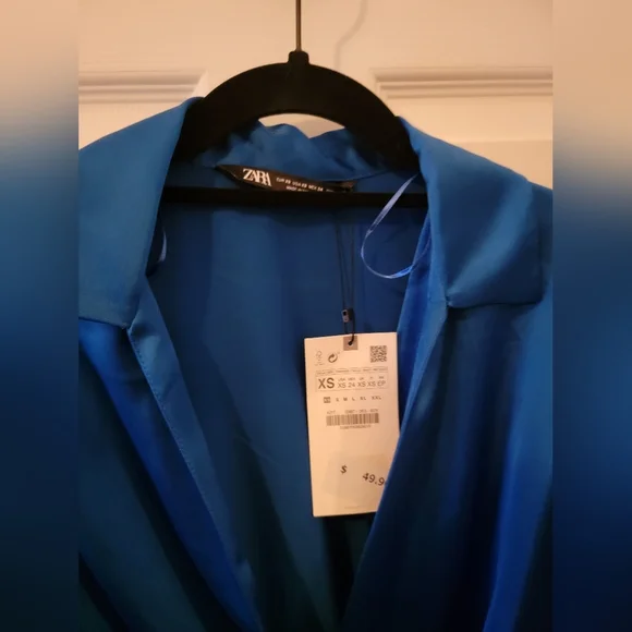 Zara Wrap Front Satin Effect Blue Dress NWT - Picture 6 of 9